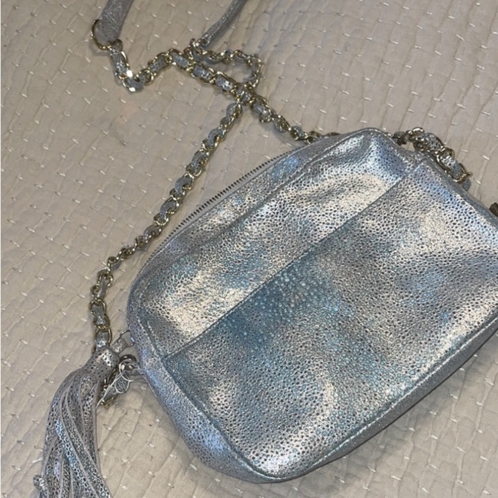 Kelly Wynn Silver Metallic Mingle Mama Crossbody  tassel